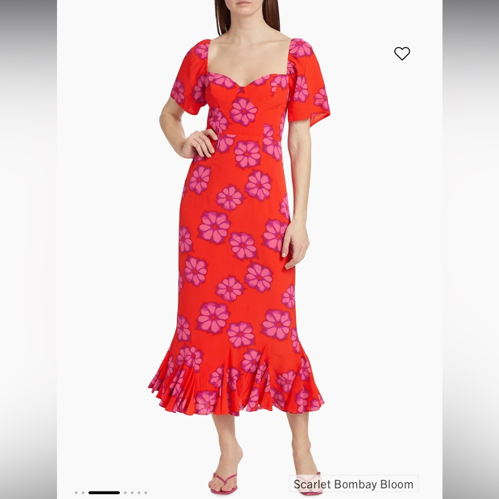 RHODE Red and Pink Ruffled Midi Dress with Puff Sleeves - Picture 3 of 10